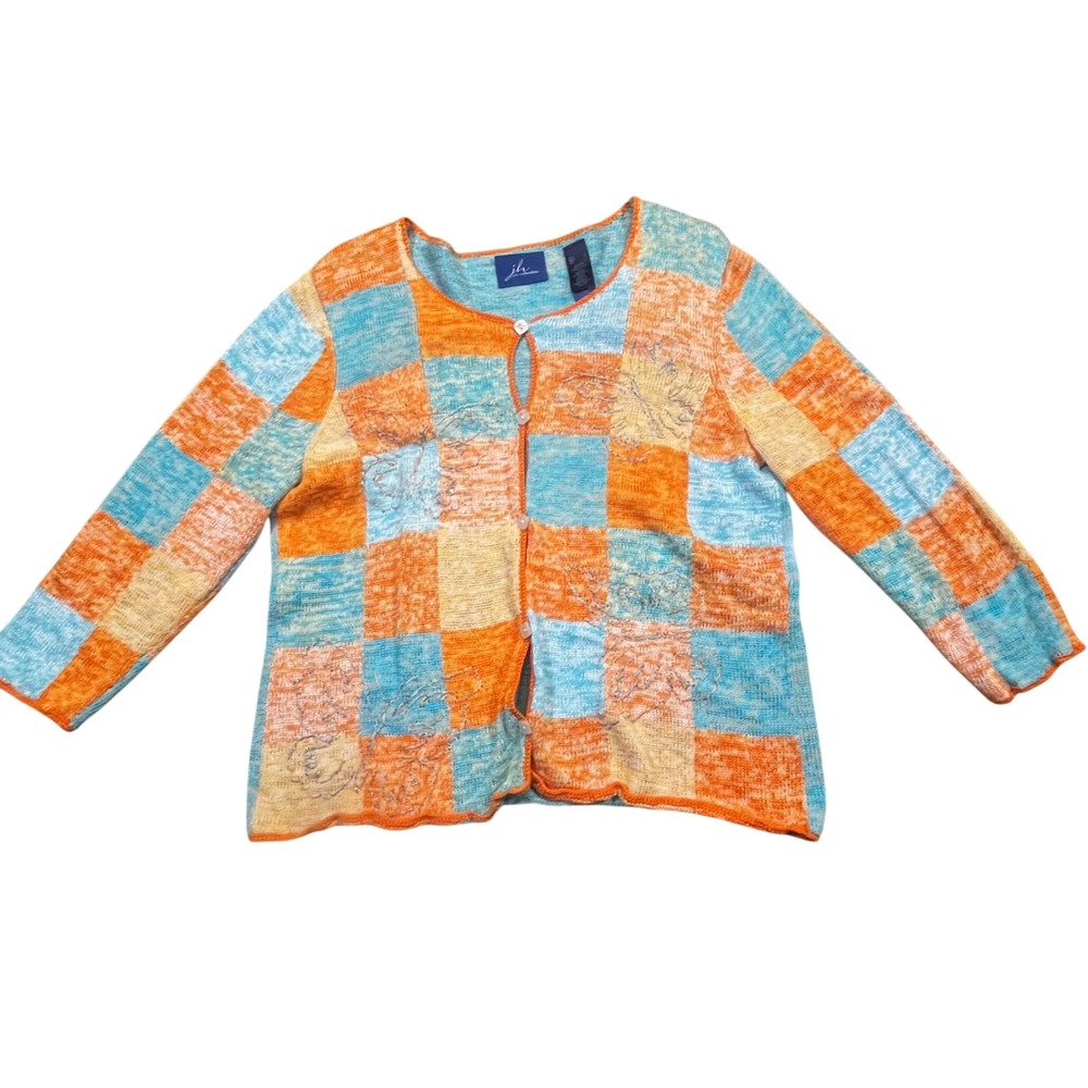 JH Collectibles Womens Large Cardigan Sweater Checkered Floral Orange Teal Knit